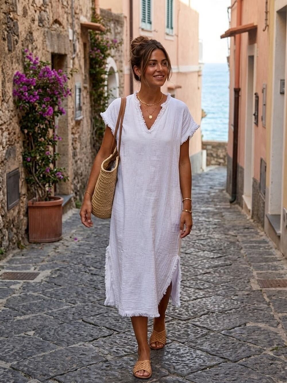 TEMPO PARIS White 100% Linen Tunic Dress Women M/L Frayed Raw Edge V-Neck Italy